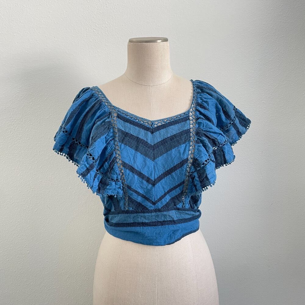 Free People Top Women M Blue Cropped Open Back Tie Ruffle Boho Beachy